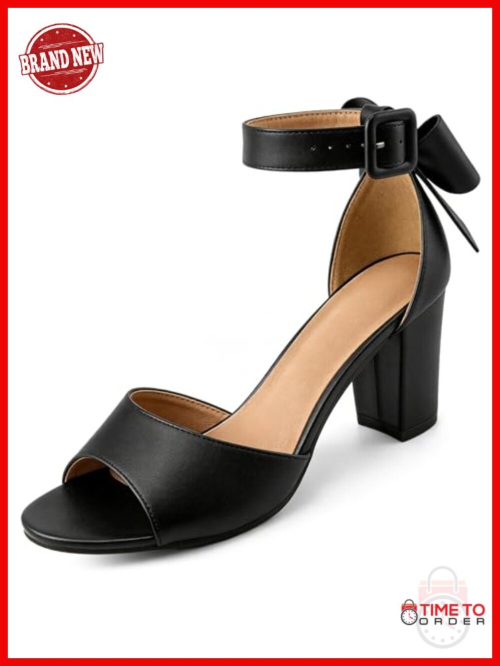 Women's Block Heel Sandals 3" Heel Adjustable Ankle Strap Faux Leather Bow